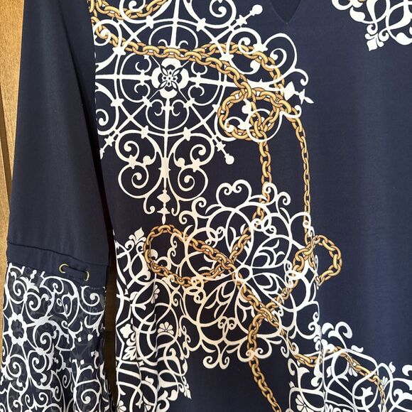 JM Collection Women's Size Petite Keyhole 3/4 Bell Sleeve Top Navy/white/gold - Picture 5 of 8